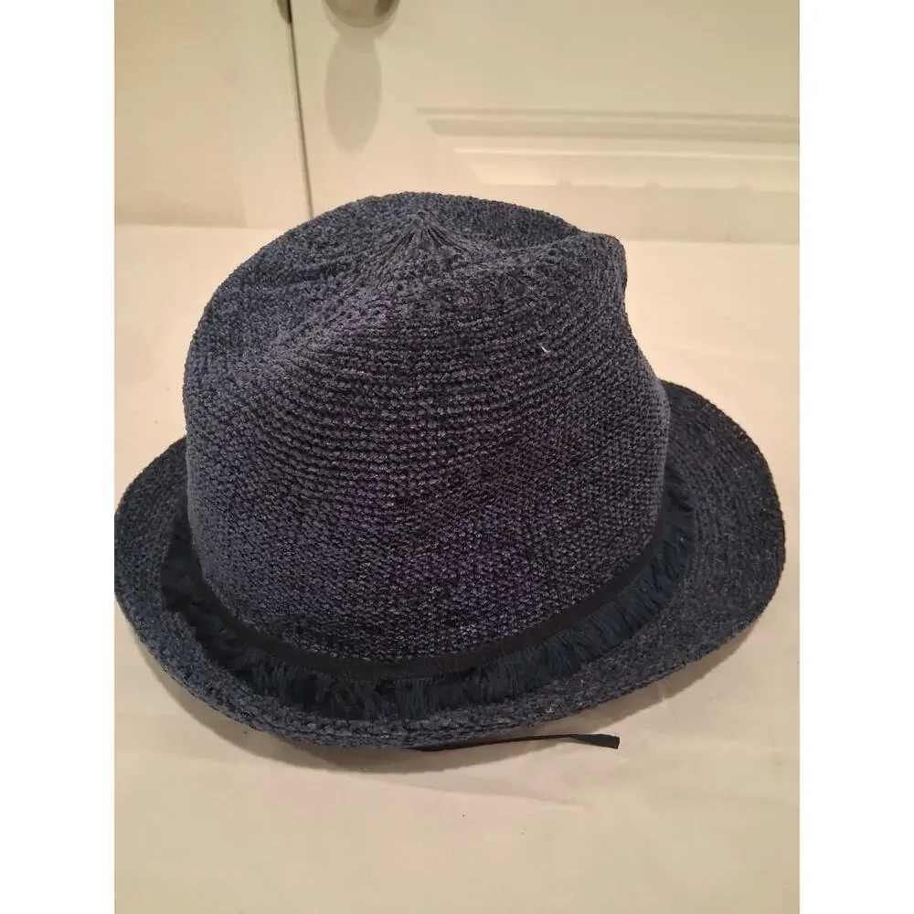 Kohl's Women's Navy Blue Knit Fedora Panama Hat Black Fringe Ribbon Band O/S